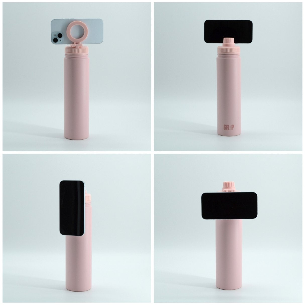 Gadget Lover Content Creator Water Bottle with Magnetic Phone Holder in Pink Turquoise Dusky Rose Navy and Taupe. Phone not included, for demonstration purposes only.