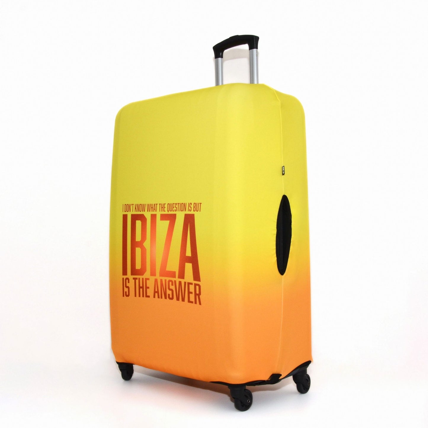 Ibiza Suitcase Cover, medium luggage in bright yellow and orange design, with zip and buckle