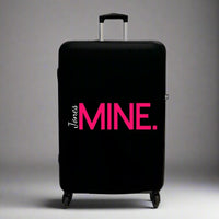 Personalised Black Suitcase Cover for Medium UK Luggage - White Name and MINE text in bright pink
