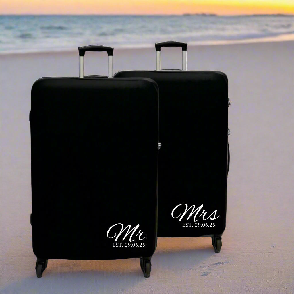 MR AND MRS GIFTS FOR BRIDE AND GROOM HONEYMOON - UK TRAVEL HACK LUGGAGE COVERS WITH PERSONALISATION