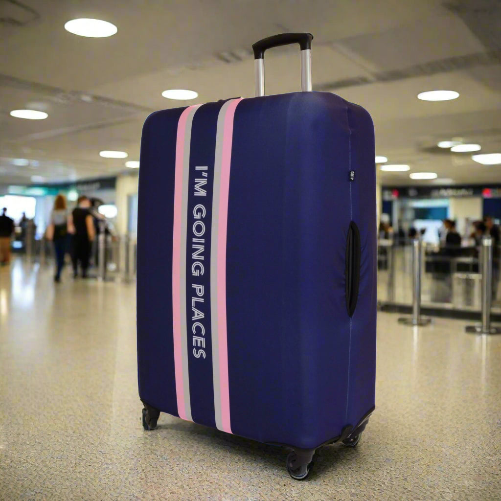 Front of Medium Luggage Cover in Navy Pink, I'm Going Places