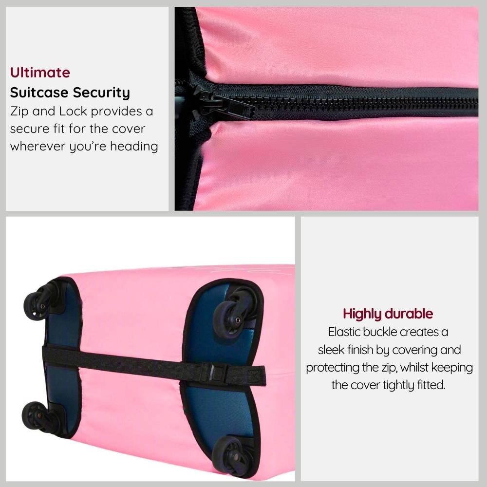Bottom of Suitcase Cover for Bride, Medium in Pink, with zip, lock and elastic buckle quality features and benefits