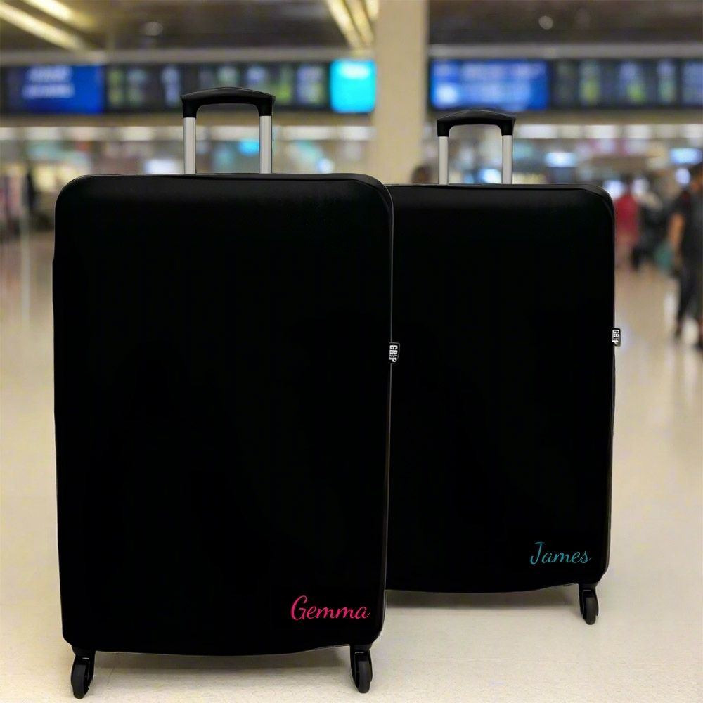 Black Medium Suitcase Cover with personalised name with the option of Rose Gold, White, Bright Pink, Bright Yellow, Teal Blue and Gold font on the front and/or back