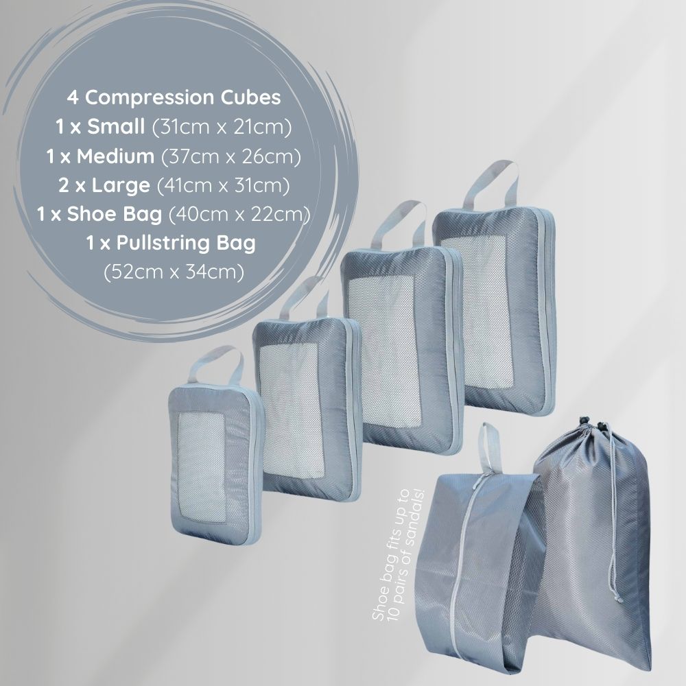 Grey Compression Packing Cube Set UK Stock - Dimensions of Cubes, shoe bag and pull string travel bag