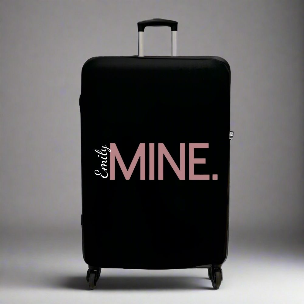 Personalised Black Suitcase Cover for Medium UK Luggage - White Name and MINE text in rose gold