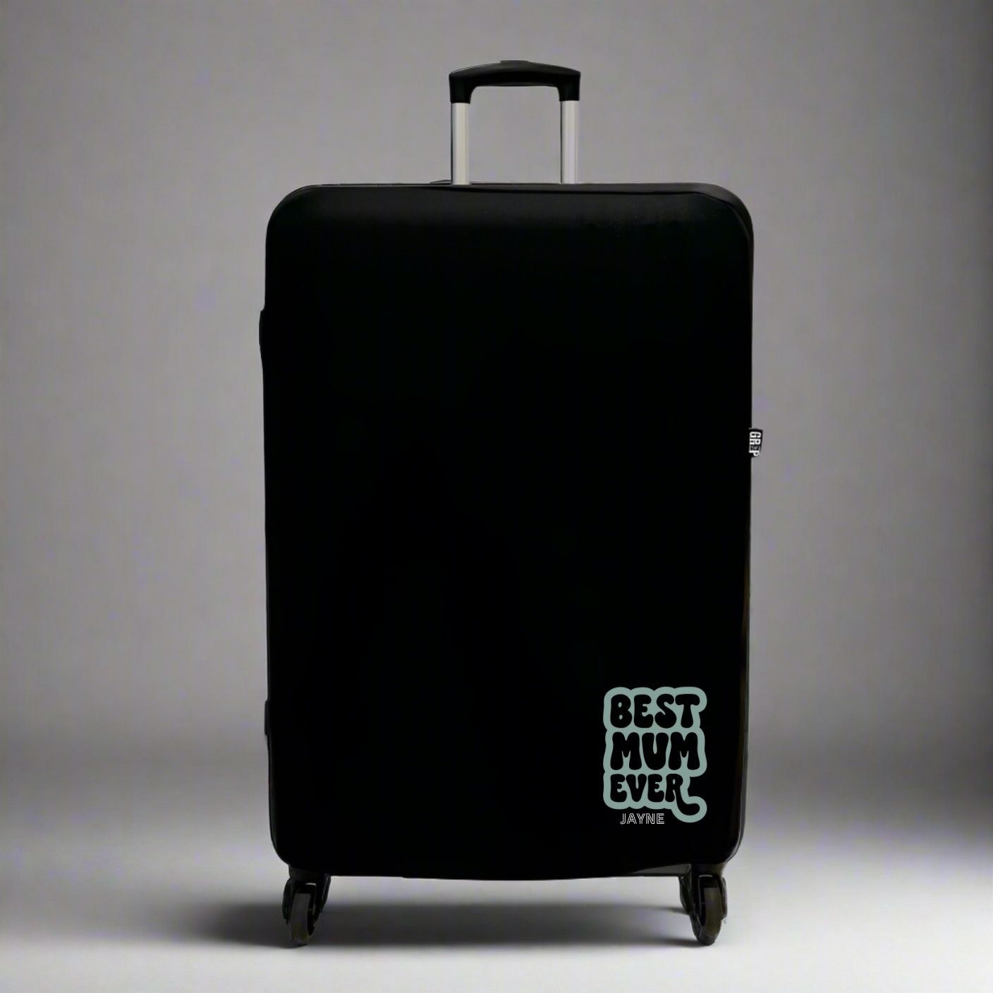 Best Mum Ever Gift for Mothers Day or Birthday - Luggage Protector Cover in Black with text Best Mum Ever and name beneath - uk travel hack