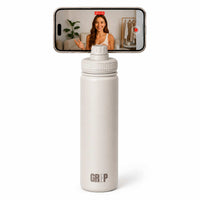 Large Reusable Stainless Steel Water Bottle Taupe 740ml with Phone Attached to the Magnetic Phone Holder Mount On The Lid with Landscape Videography for Content Creation
