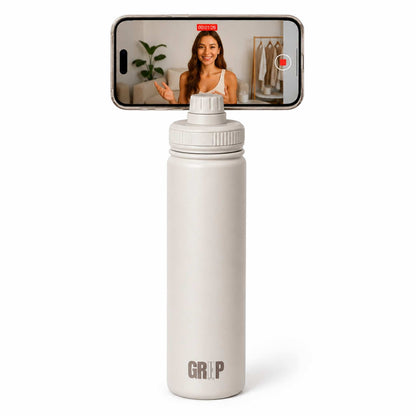 Large Reusable Stainless Steel Water Bottle Taupe 740ml with Phone Attached to the Magnetic Phone Holder Mount On The Lid with Landscape Videography for Content Creation