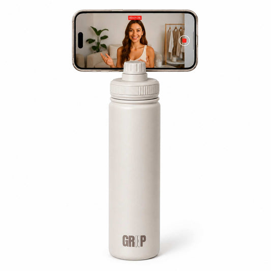 Large Reusable Stainless Steel Water Bottle Taupe 740ml with Phone Attached to the Magnetic Phone Holder Mount On The Lid with Landscape Videography for Content Creation