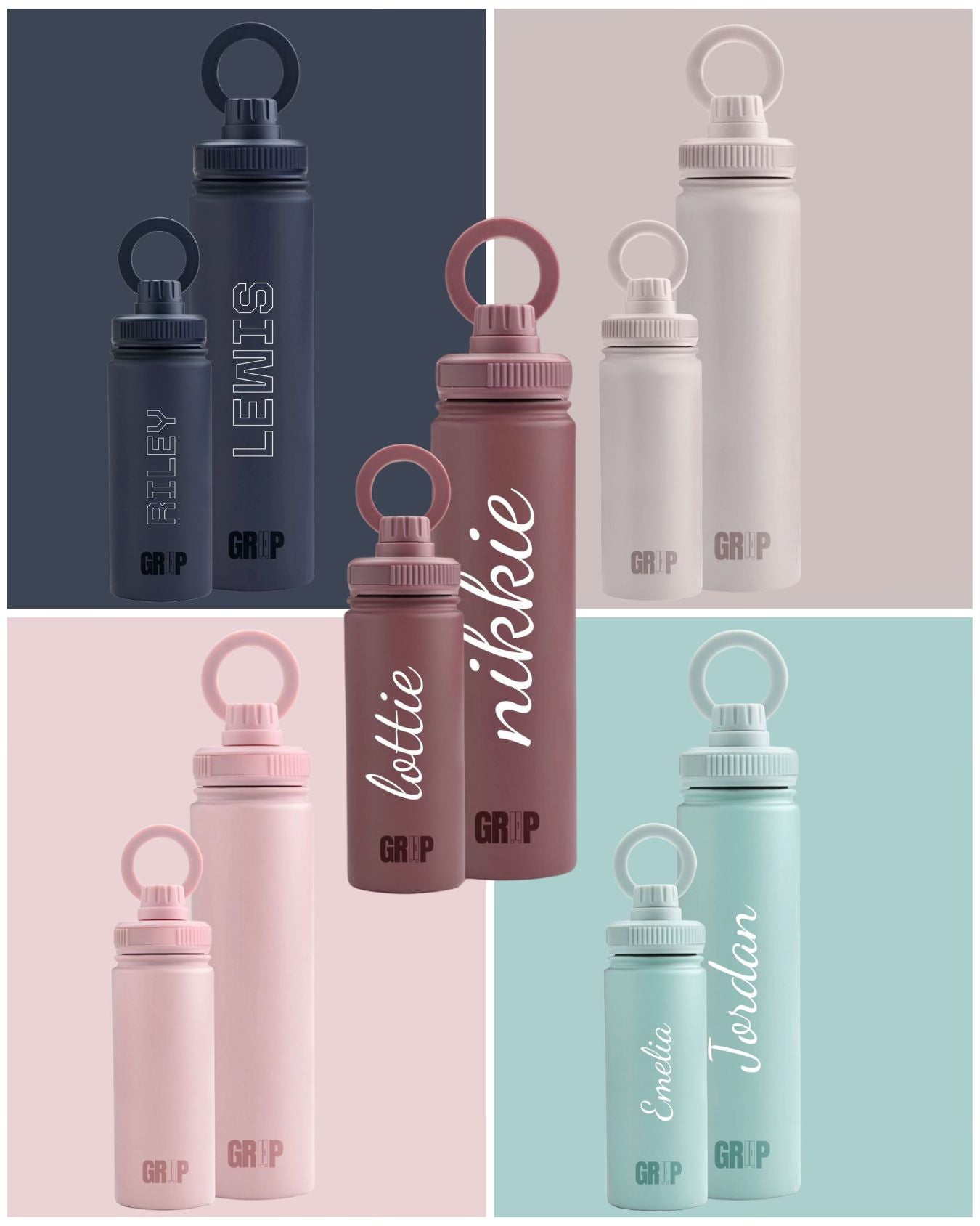 Five different coloured Grip bottles 530ml and 740ml magnetic phone holder bottles UK, plain and personalised shown, perfect for family matching, mum and daughter, father and son gifts 