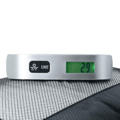 Digital Travel Size Luggage Weighing Scales, showing temperature, in silver and black