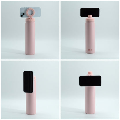 Gadget Lover Content Creator Water Bottle with Magnetic Phone Holder in Pink Turquoise Dusky Rose Navy and Taupe. Phone not included, for demonstration purposes only.