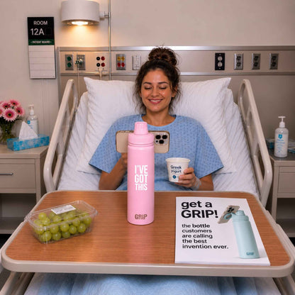 Woman in Hospital Bed Watching TV Podcasts Film from  740ml GRIP Phone Holder Water Bottle in Pink with text I've Got This personalisation. 