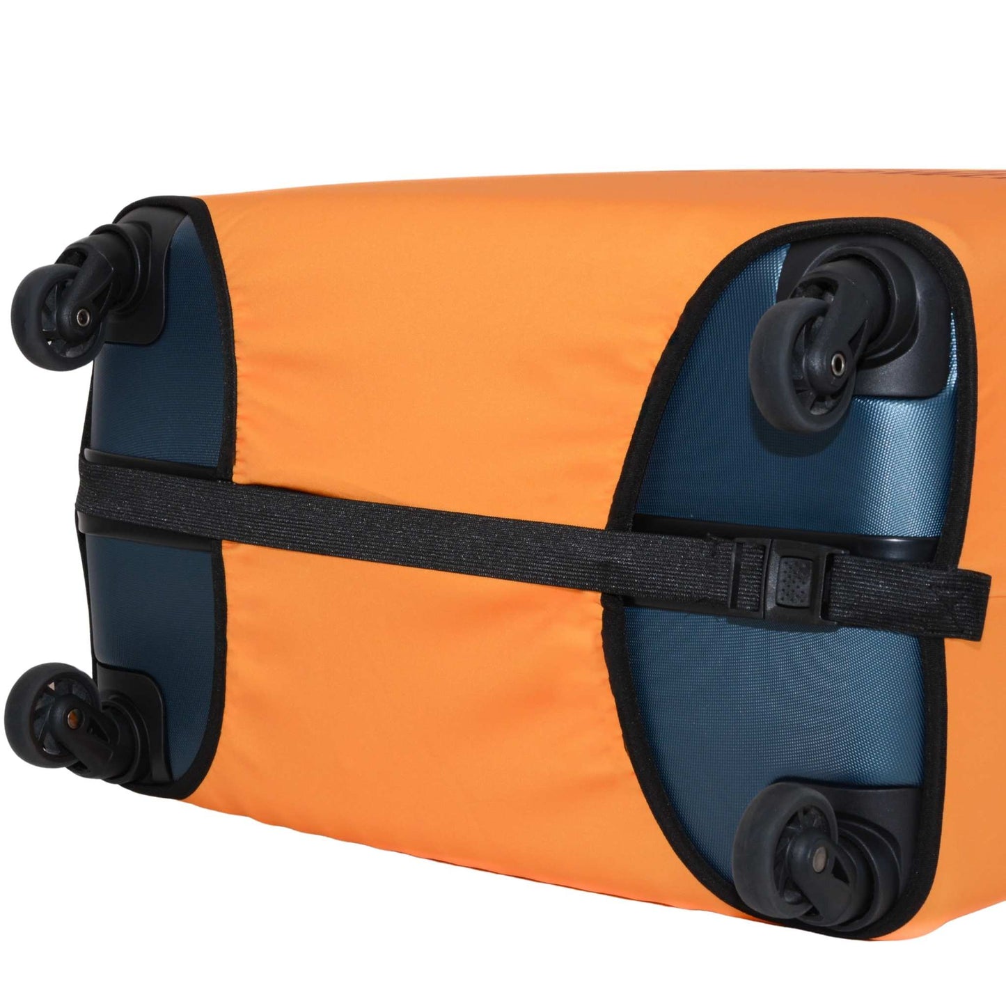 Ibiza Suitcase Cover, medium luggage in bright yellow and orange design, with elastic buckle, bottom image