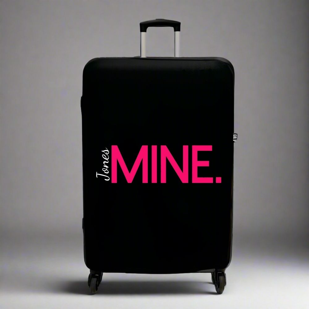 Personalised Black Suitcase Cover for Medium UK Luggage - White Name and MINE text in bright pink