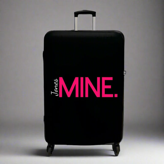 Personalised Black Suitcase Cover for Medium UK Luggage - White Name and MINE text in bright pink