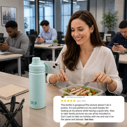 Turquoise Reusable Water Bottle Flask with Phone Holder on Office Desk for Workers Lunch Break. Verified Tiktok Customer Review 5 stars bottom right.