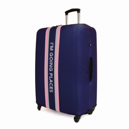 Front of Medium Luggage Cover in Navy Pink, I'm Going Places