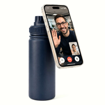 Navy Insulated Reusable Water Bottle 530ml with Phone Attached to the Magnetic Phone Holder Lid and Video Calling Loved One Hands Free