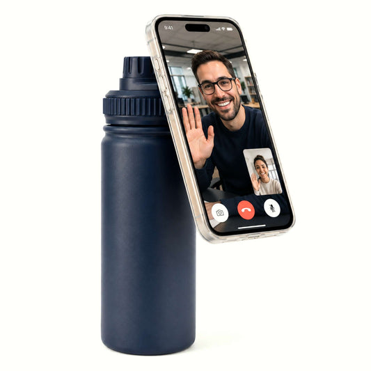 Navy Insulated Reusable Water Bottle 530ml with Phone Attached to the Magnetic Phone Holder Lid and Video Calling Loved One Hands Free