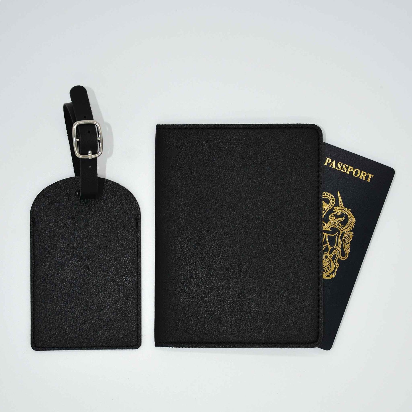 Black Passport Protector Holder and Luggage Name Tag in Black for Travel 