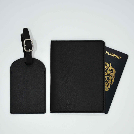 Black Passport Protector Holder and Luggage Name Tag in Black for Travel 