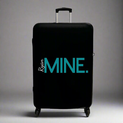 Personalised Black Suitcase Cover for Medium UK Luggage - White Name and MINE text in teal blue