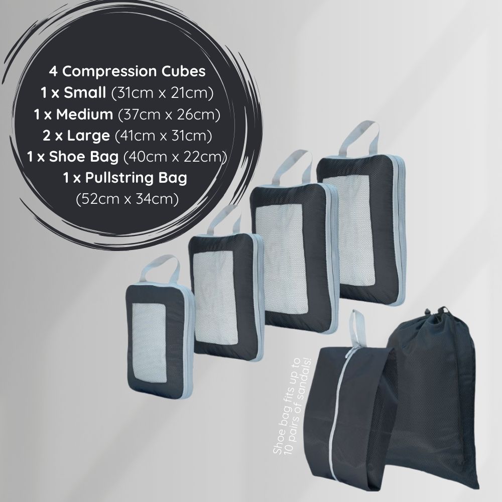 Black Compression Packing Cube Set UK Stock - Dimensions of Cubes, shoe bag and pull string travel bag
