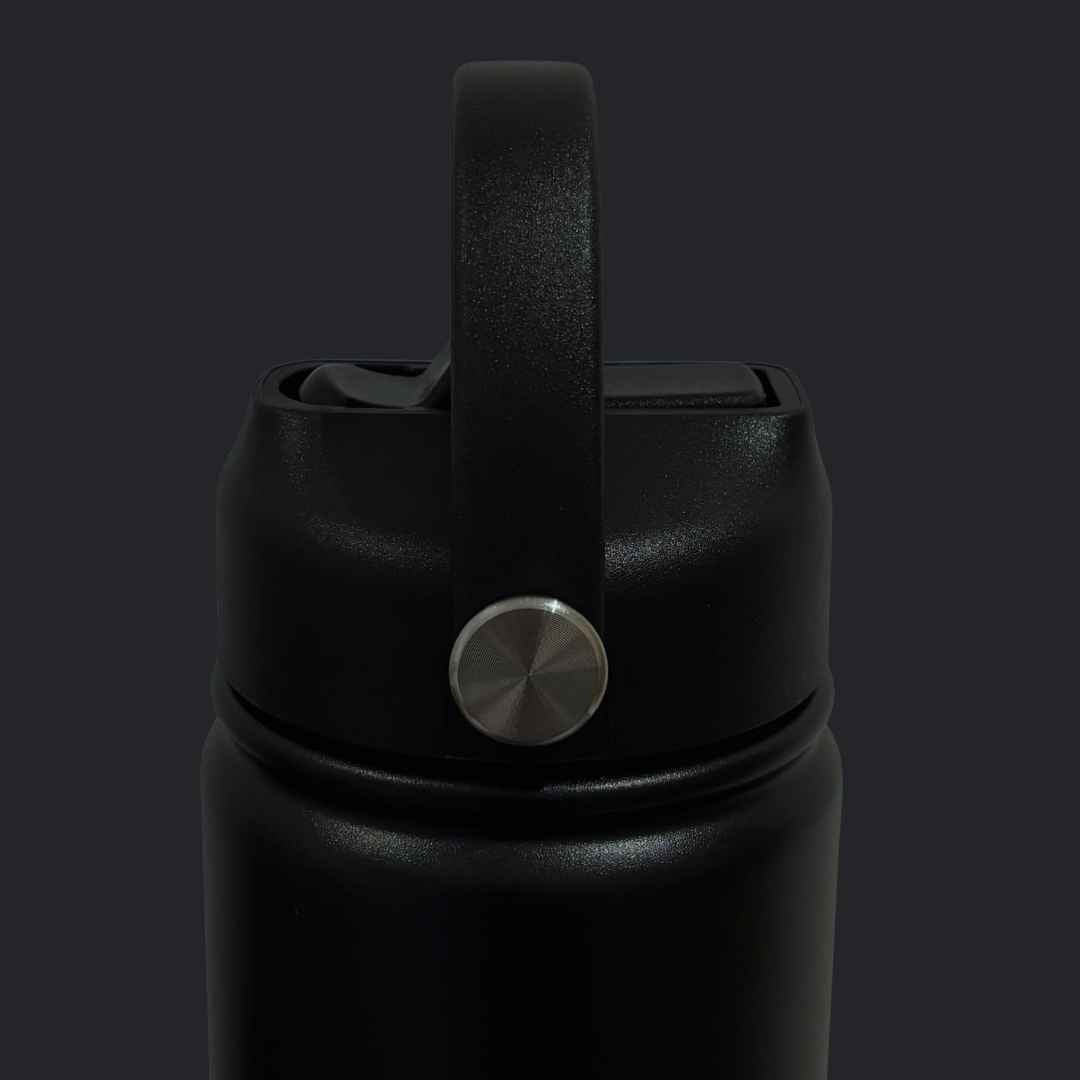Kids water bottle easy-sip straw lid with handle on black Grip bottle side view
