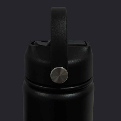 Kids water bottle easy-sip straw lid with handle on black Grip bottle side view