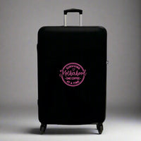 Funny Mothers Day Gift for Coffee Travel Lover Mum UK - Suitcase Luggage Protector in Black with Sage Green text Surviving Motherhood One Coffee at a Time in bright pink