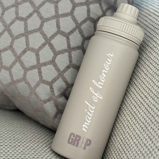 Taupe 530ml maid of honour hen do personalisation magnetic phone holder water bottle for hands-free use , Grip Luggage UK