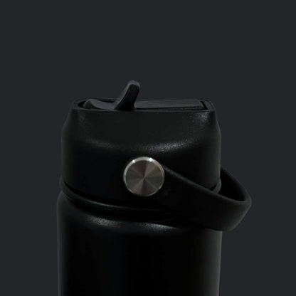 Kids water bottle easy-sip straw lid with handle down on black Grip bottle 