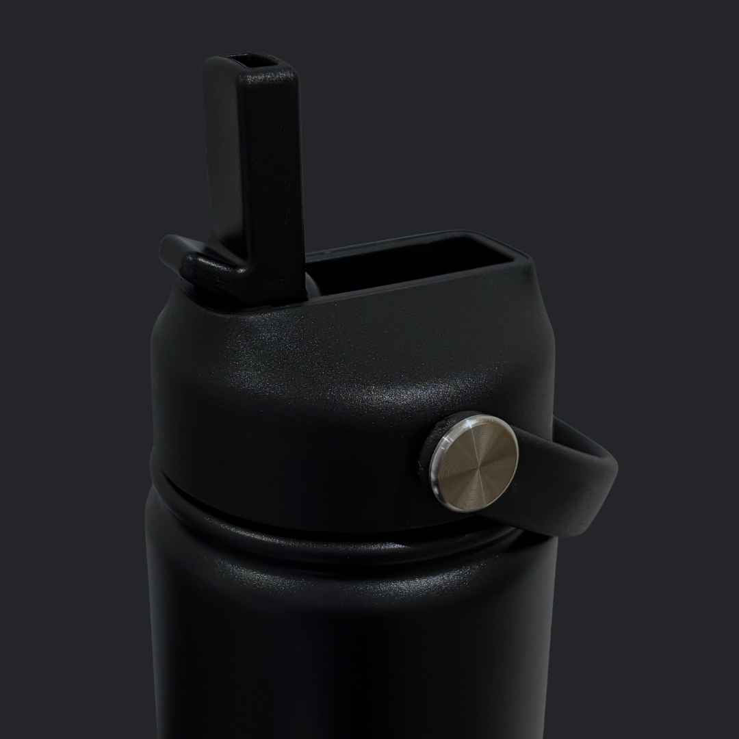 Kids water bottle easy-sip straw lid open with handle on black Grip bottle 