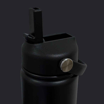 Kids water bottle easy-sip straw lid open with handle on black Grip bottle 