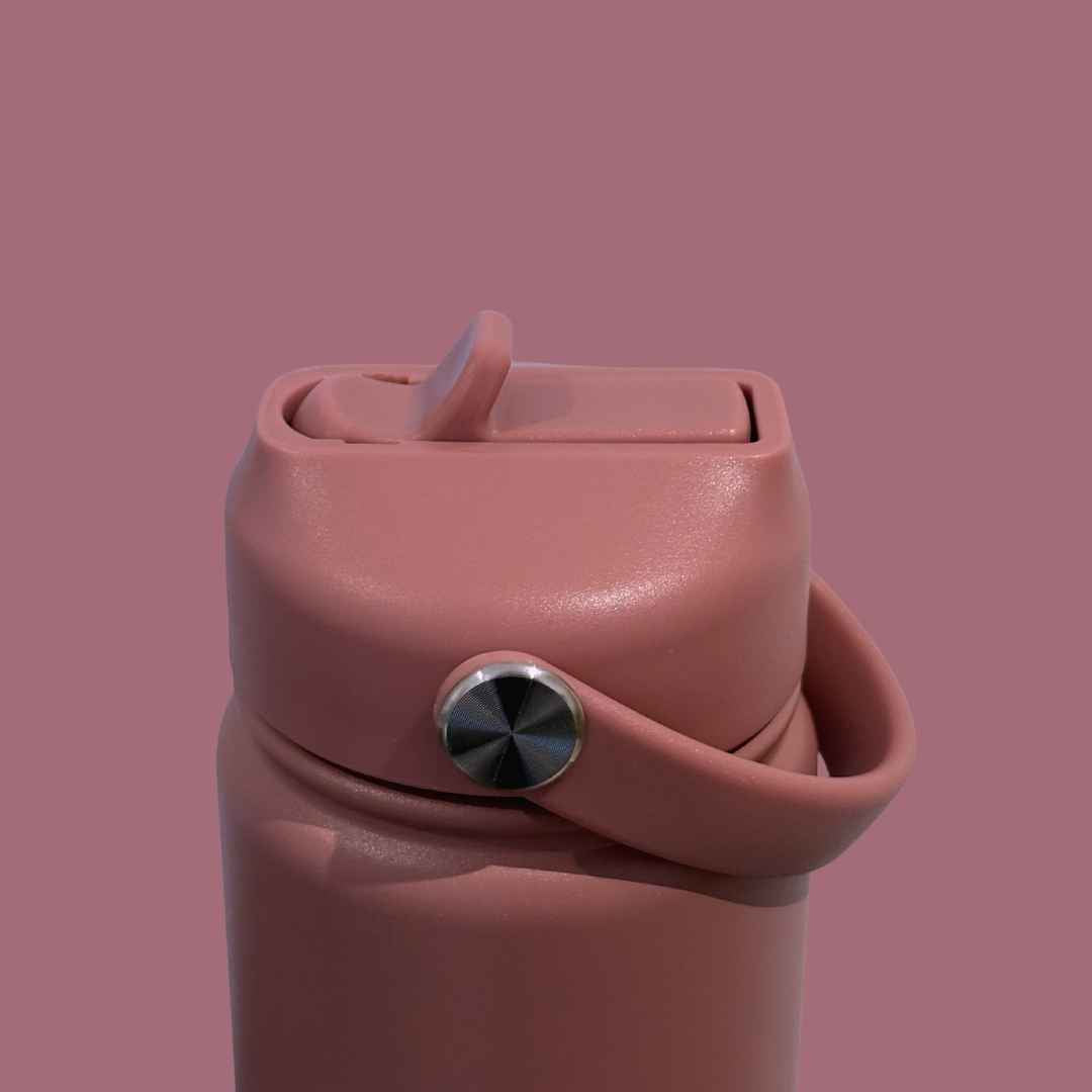 Kids water bottle easy-sip straw lid with handle down on dusky rose pink Grip bottle 