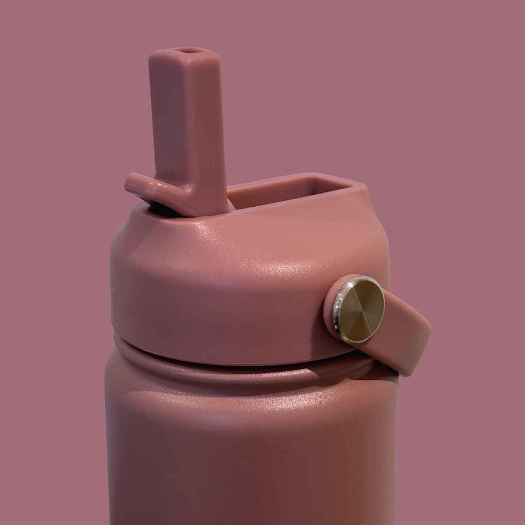 Kids water bottle easy-sip straw lid open with handle on dusky rose pink Grip bottle 