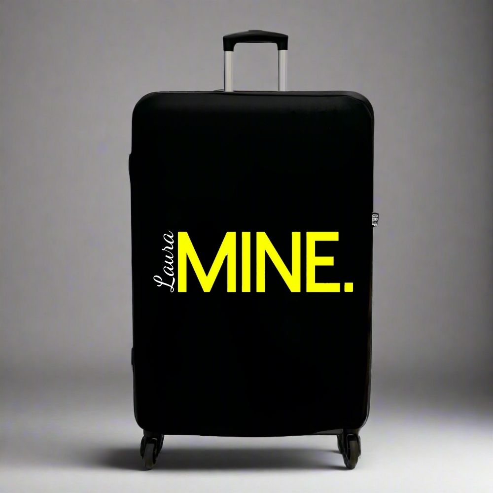 Personalised Black Suitcase Cover for Medium UK Luggage - White Name and MINE text in bright yellow