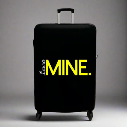 Personalised Black Suitcase Cover for Medium UK Luggage - White Name and MINE text in bright yellow