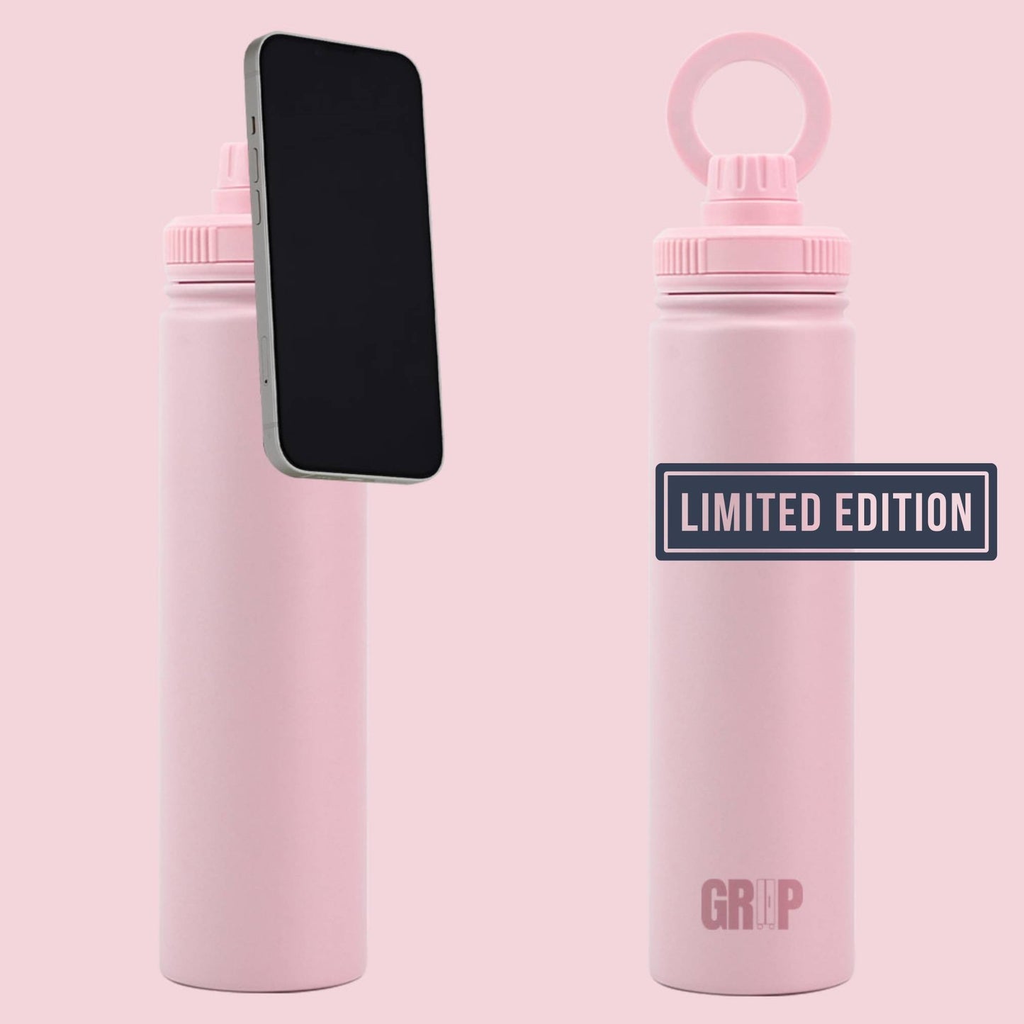 A light pink 740ml insulated water bottle with easy carry handle and screw-top lid, shown in two views. One view shows a black MagSafe compatible phone magnetic attached to the bottle, and the other shows the bottle alone showing the  pink bottle as 'LIMITED EDITION'
