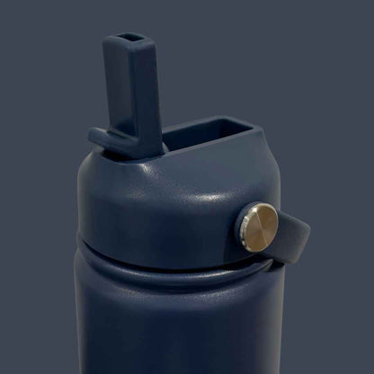 Kids water bottle easy-sip straw lid open with handle on navy blue Grip bottle 